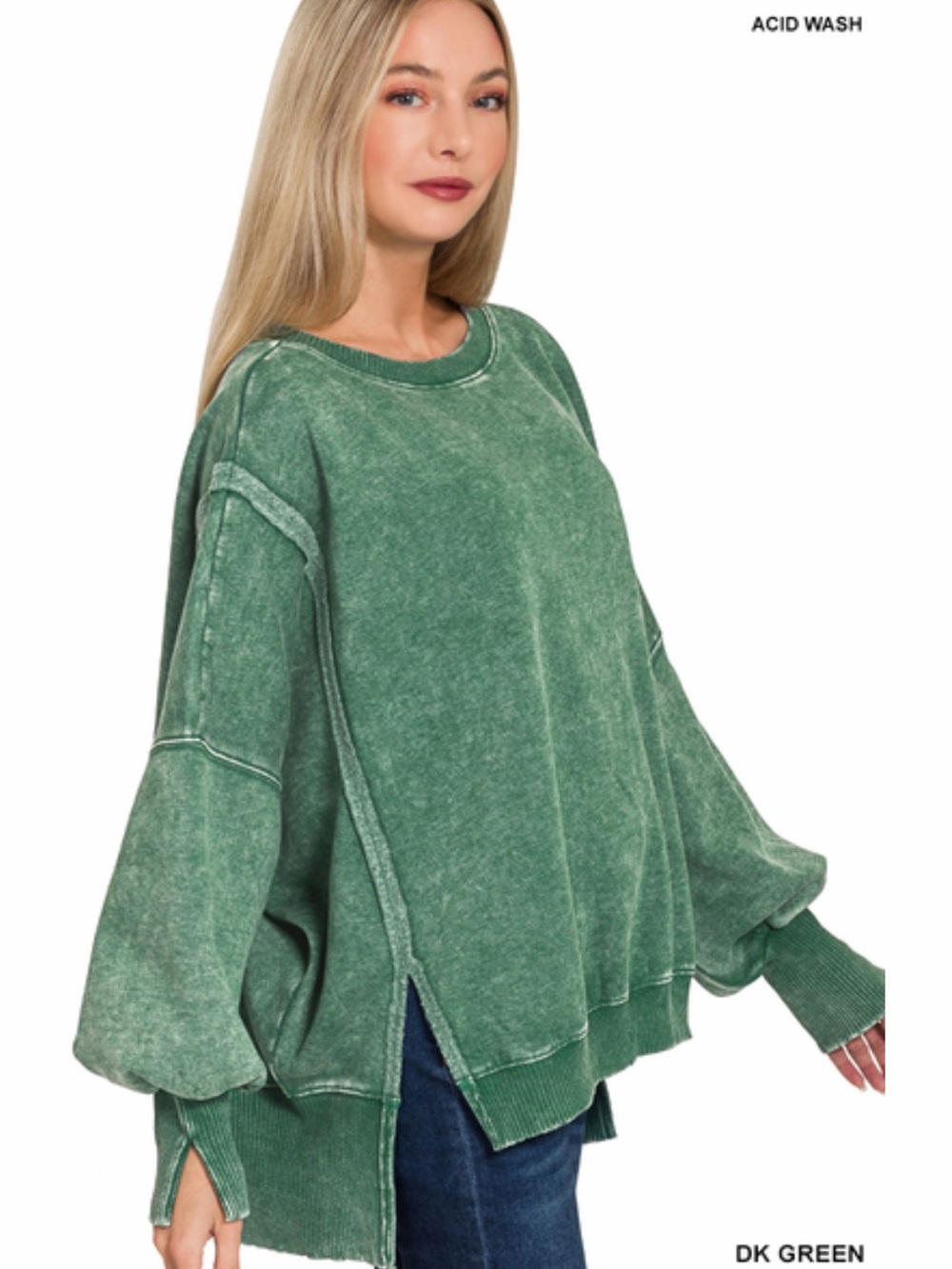 354 small - 3X  Zenana PLUS ACID WASHED
BATWING SLEEVE HI-LOW
FLEECE SWEATSHIRTS